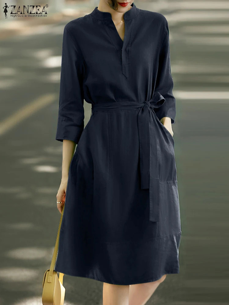

ZANZEA Summer Women's Dress Holiday Party Sundress Long Sleeve Stand Neck Work Vestido Casual Midi Shirtdress Kaftan Female Robe