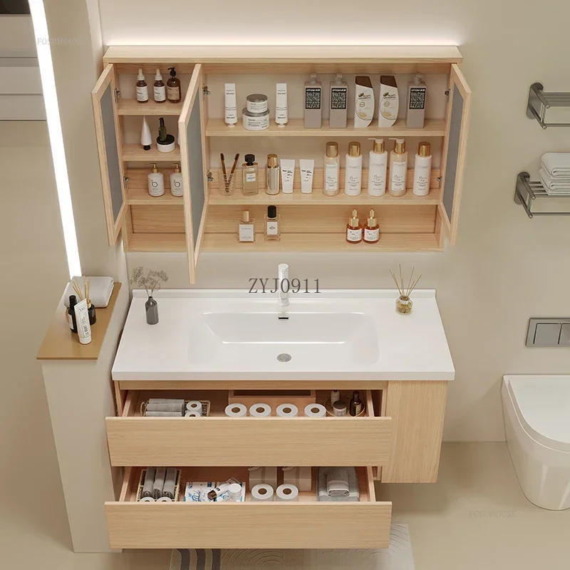 Nordic Bathroom Sink Cabinet Modern Home Furniture Smart Ceramic Integrated Washbasin Mirror Cabinets Combination b