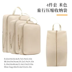 4 - Piece Travel Compression Packing Cubes Set - Portable, Waterproof Luggage Organizers and Storage Bags (Beige)