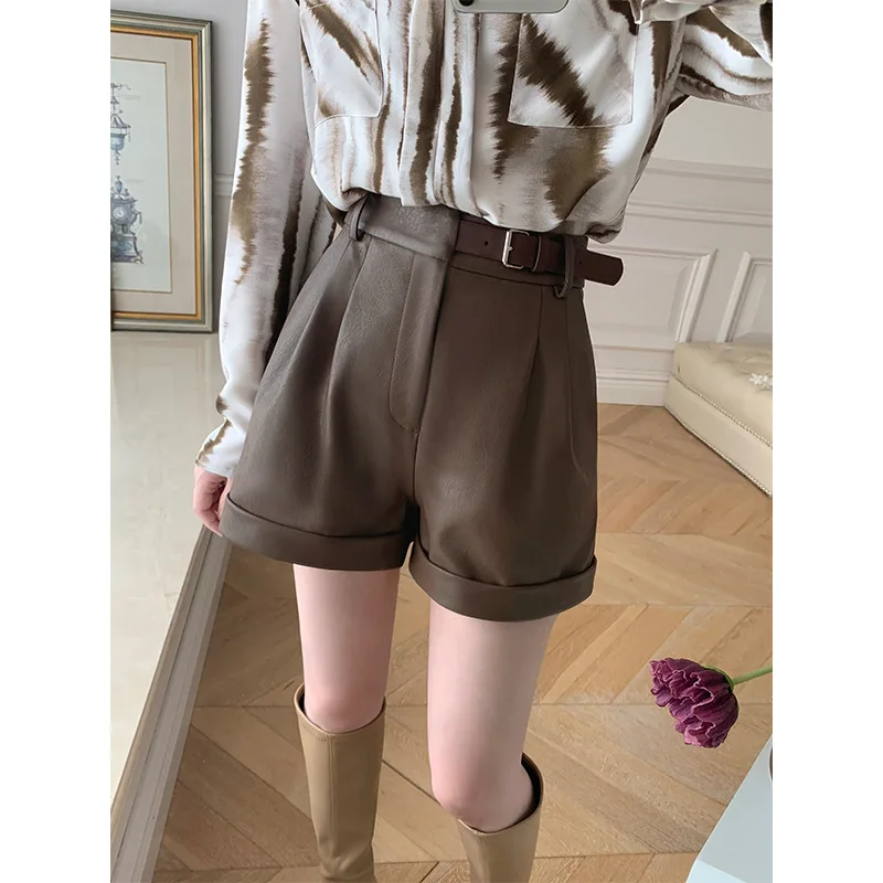 Tao Ting Li Na Early Spring New Urban Style High-waist Slim and Versatile Sheepskin Cuffed Wide-leg Pants and Shorts G11