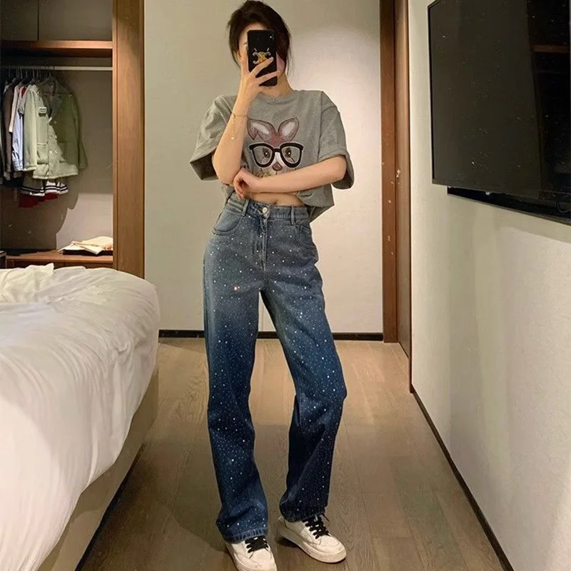 Fashion Embroidered Diamond Baggy Jeans Women Korean Style High Waist Wide Leg Streetwear Trousers Women's Casual Denim Pants