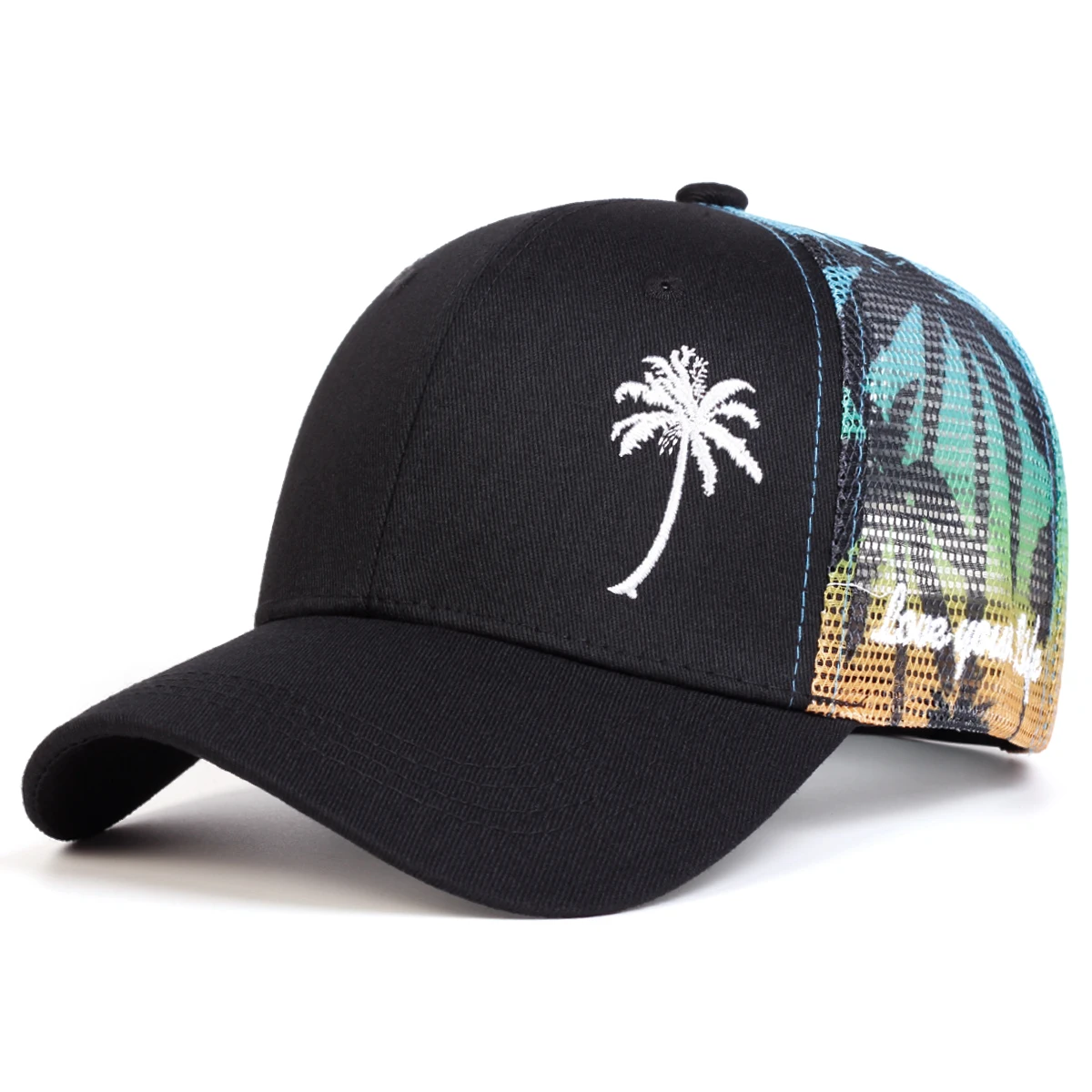 Unisex-Baseball-Netzkappen mit Kokosnussbaum-Stickerei, für Frühling und Sommer, für den Außenbereich, verstellbare Freizeithüte, Sonnenschutzhut, Sportkappe – Detail 3