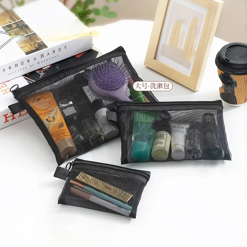 Moda piccolo grande nero organizer da toilette e borsa per il trucco borsa per cosmetici con cerniera in rete trasparente organizzatore necessario da donna - immagine 5