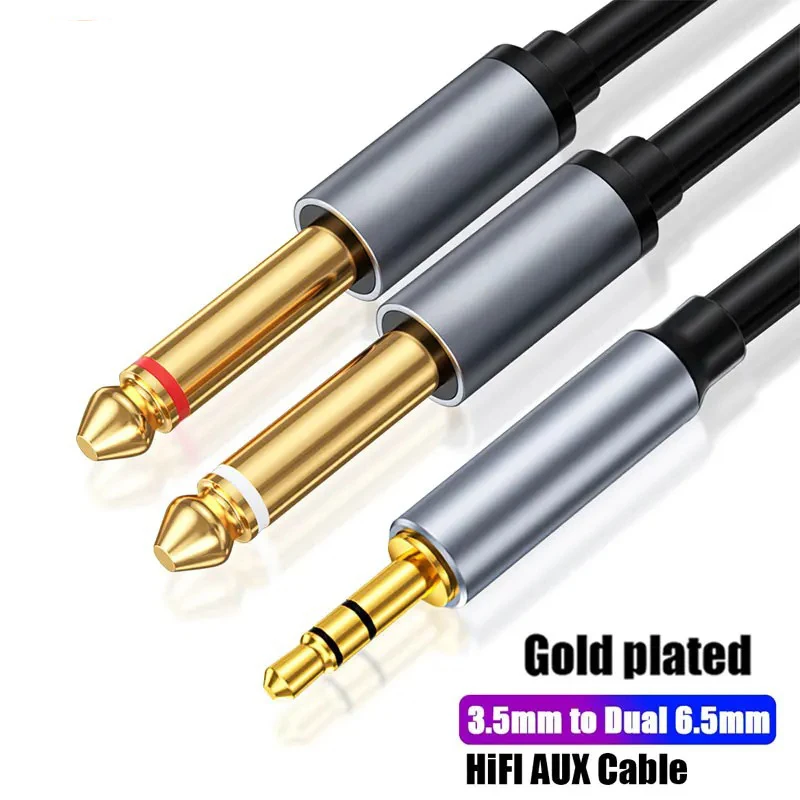 Dual 6.35mm Y-Splitter Audio Cable - 3.5mm to 6.35mm Jack Adapter for Mixers and Amplifiers