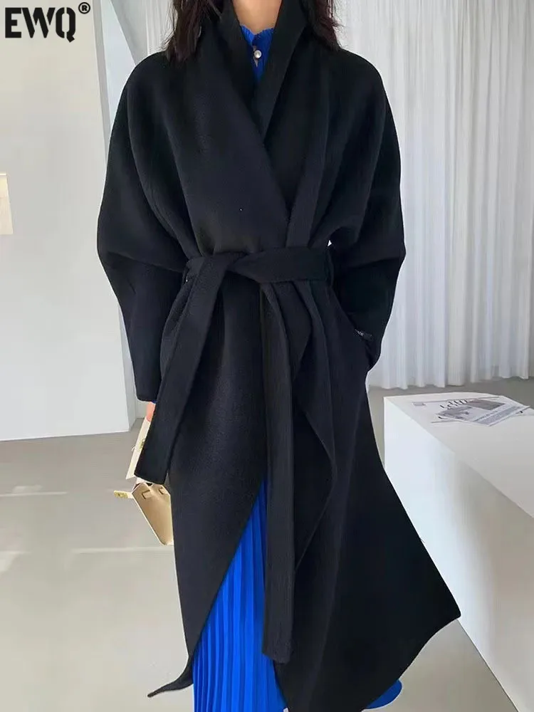 

[EWQ] Temperament Adjustable Waist Solid Color Woolen Coats Women Casual Lapel Loose Long Female Coat 2023 Autumn New 23A4599