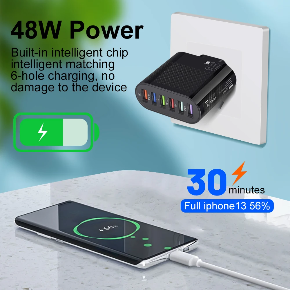 6 Ports 48W USB Charger Quick Charge 3.0 Wall Mobile Phone Adapter For iPhone Samsung Xiaomi Huawei Fast Charging 3.5A Charger