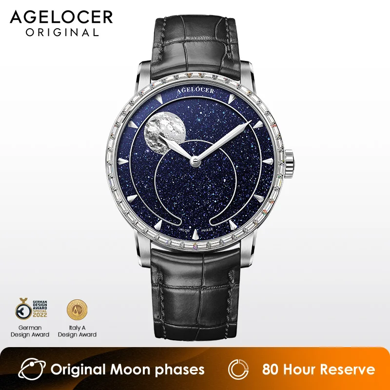 Agelocer-機械式自動時計,月の満ち欠け,天文学の時計,青い