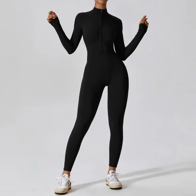 Women Yoga Jumpsuit Fitness Sports Suit Zipper Elastic One-Piece Bodysuits Gym Long Sleeve Gym Runing Push Up Workout Sportwear 3