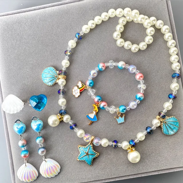 5/6pcs Girls Pearl Necklace + Bracelet +earrings Kids Toys  Handmade Necklace Accessories Princess Children Birthday Gifts 6