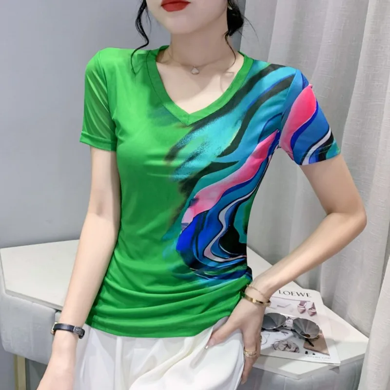 

#5192 Black Green Blue Elastic Mesh T Shirt Women Short Sleeve Printed T Shirt Female V-neck Tight Basic Women's T-shirt Summer