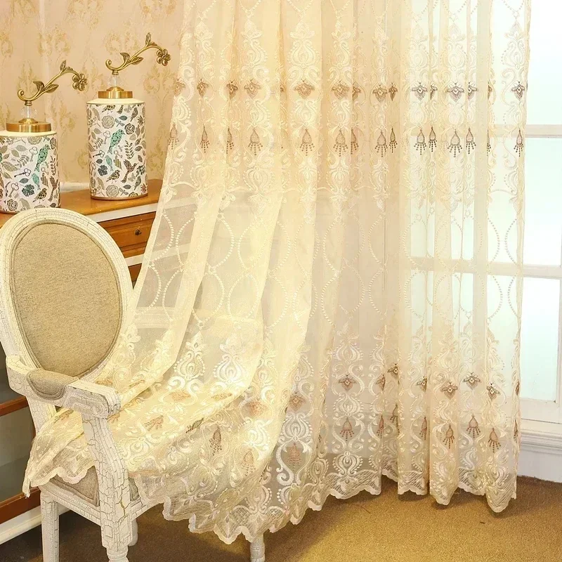 Nordic Sheer Curtains for Living Room Bedroom Embroidery Tulle Voile Fabric Golden Lace Window Decor Custom