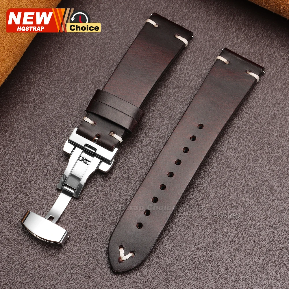 Handcrafted Retro Oil Wax Leather Watch Strap with Butterfly Buckle & Quick Release
