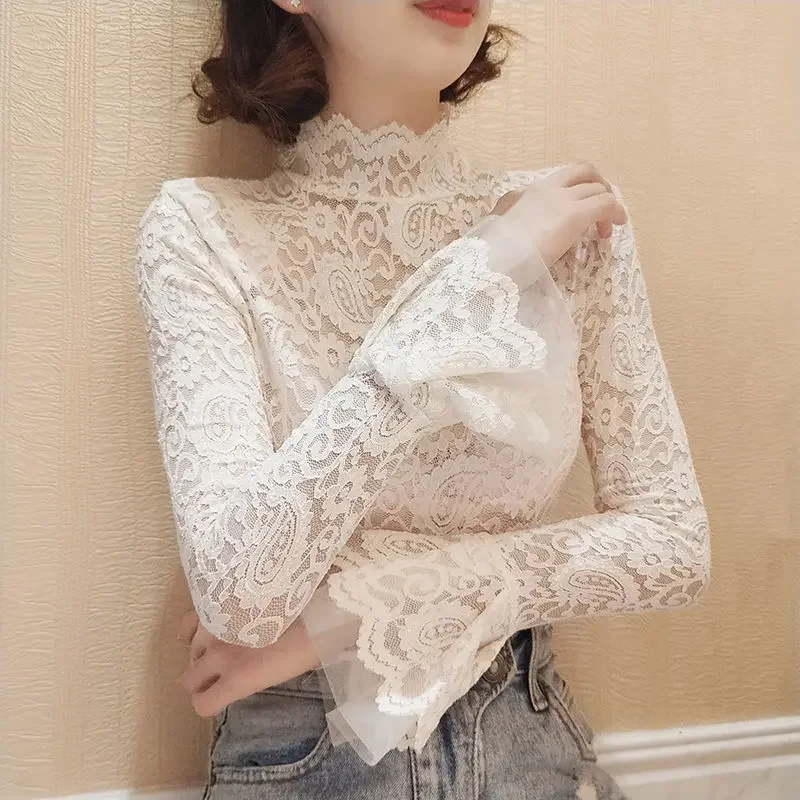 

Lace Mesh Spliced See Through Tops for Women Clothing Autumn Winter Long-sleeved Bottoming Shirt Slim Solid Color T T331