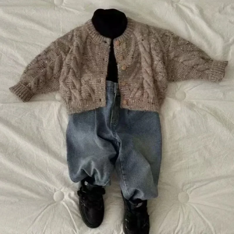 1-3Y Baby Girls Knitted Cardigan Children Long Sleeve Round Neck Mixed Color Knitwear Sweater Unisex Kid Fall Winter Top Clothes