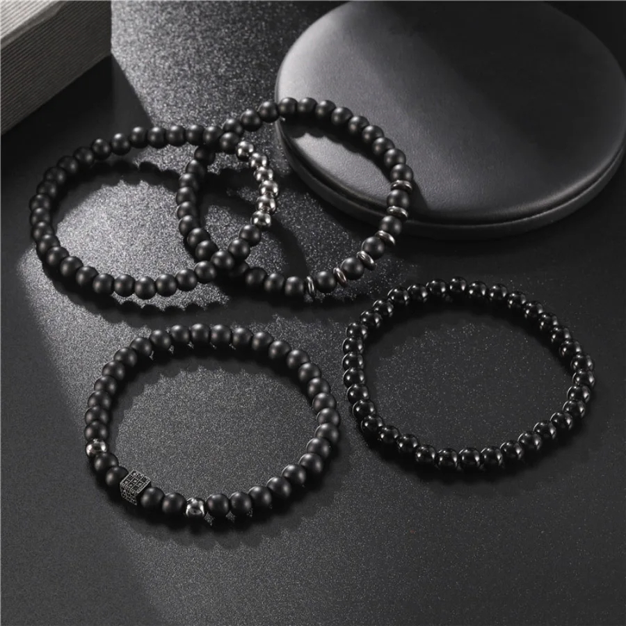 Men Black Onyx Hematite Beaded Luxury Zirconia Bracelet Set