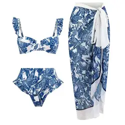 ZAFUAZ Blue Printed Two Piece Sling Swimsuit Pleated Straps Retro High Waist Micro Bikini 2023 Pool Swimwear Push Up Beachwear