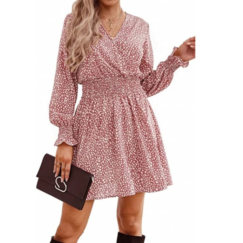 2022 Spring New Women's V-neck Printed Smocking Casual Ladies Dress
