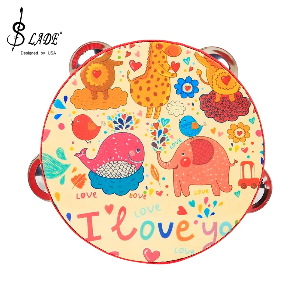 6 Inch Tambourine Cartoon Handdrum Solid Wood Musical Drum Orff Percussion Instrument Children's Bell Drum Music Toy Gifts hand tambourine