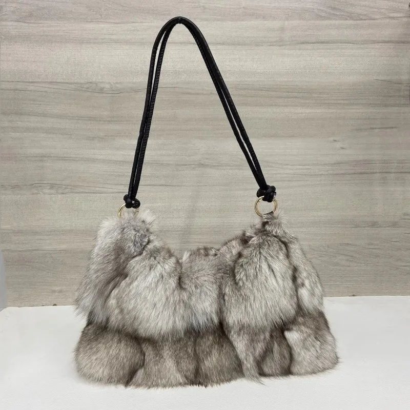 Women Winter Real Fox Fur Handbag Luxury Genuine Fur Party Bag Tote Designer High Quality Real Silver Fox Fur Handbags Female
