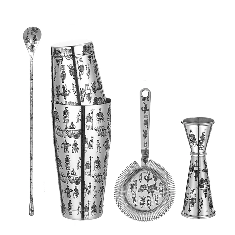 Tattoo Stainless Steel 5 Piece Cocktail Set Tin-on-Tin Shaker, Jigger, Spoon and Strainer Etched W/ Skull Rose /Terra cotta Army