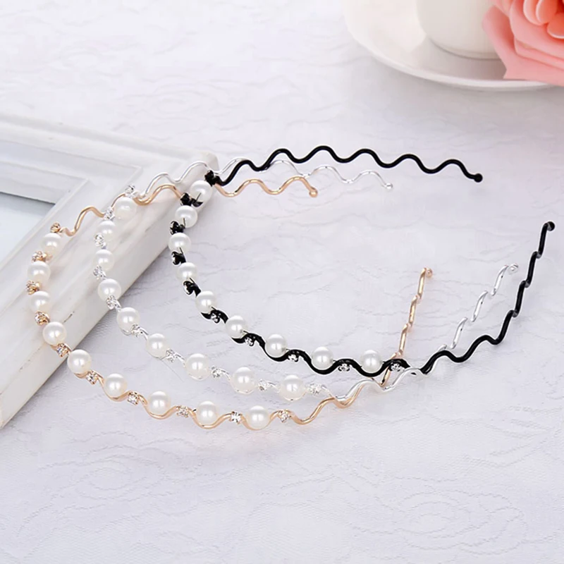 

Hoop Hair Band Wave Shaped Pearl Hairband Face Washing Headdress Hair Hoop Non Slip Black Metal Spiral Headband Men Women