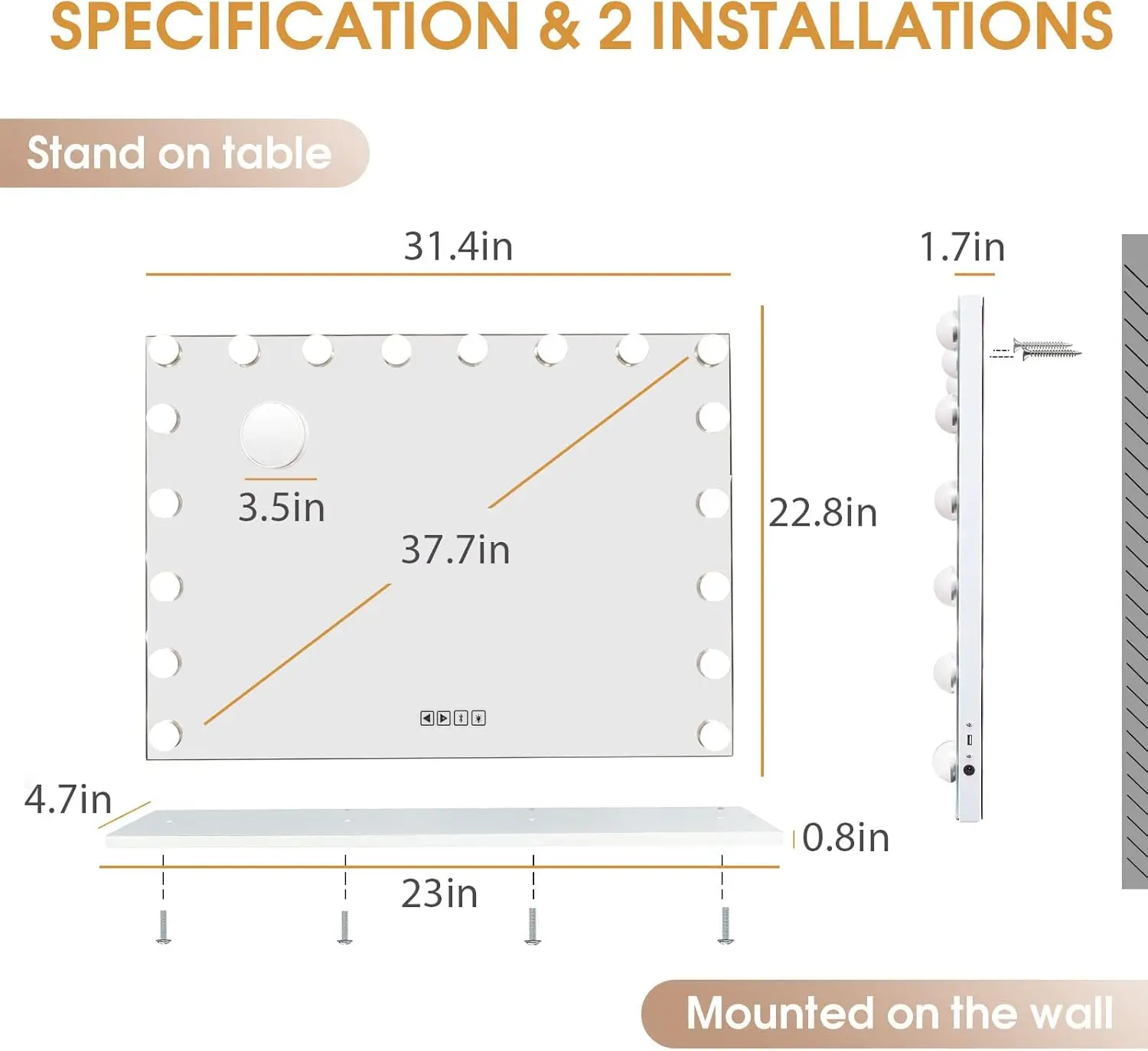 Vanity Mirror with Lights and Bluetooth Extra Large Hollywood Makeup Mirror with 18 pcs LED Bulbs Lighted USB