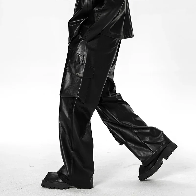 Men 3D Pocket Loose Casual Vintage Leather Wide Leg Cargo Pants Male Streetwear Fashion Straight Motorcycle Pants Trousers