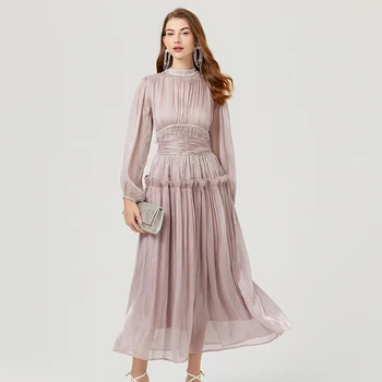 French Luxury Crystal Beads Tassel Shine Robes Holiday Women Stand Lantern Sleeve Ruffles Pleated Formal Occasion Prom Dress 622 1