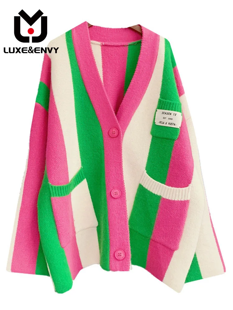

LUXE&ENVY Autumn Contrast Color Vertical Stripe Sweater Coat Women's New Korean Winter Loose Lazy Knitted Cardigan Women