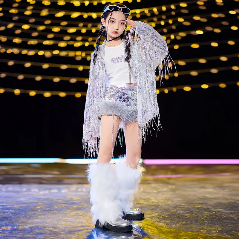 Jazz Dance Costume Girls Sequin Tassels Coat Shorts Kids Hip