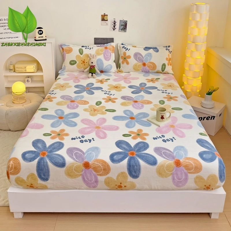 

Milk Velvet Bed Fitted Sheet Warm Soft Breathable Mattress Cover Cute Cartoon Bed Linen Double Queen King Full Bedsheet 180x200