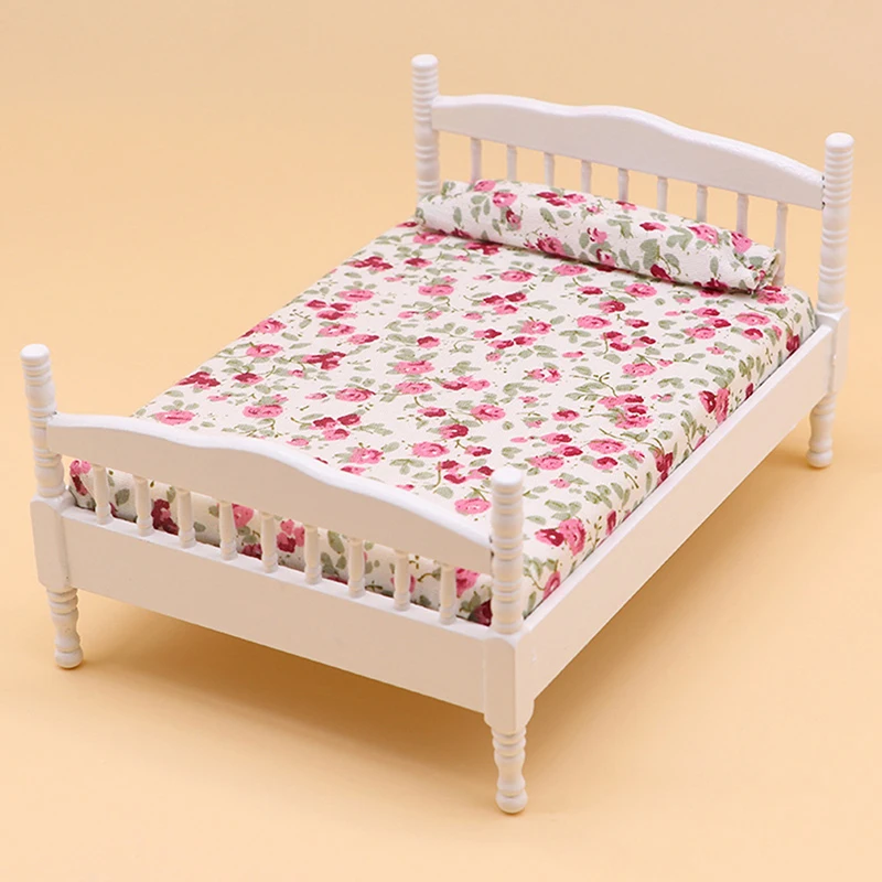 1:12 Dollhouse Miniature Double Bed Model European Bedroom Scene Furniture Accessories For Doll House Decor Kids Play Toys Gift
