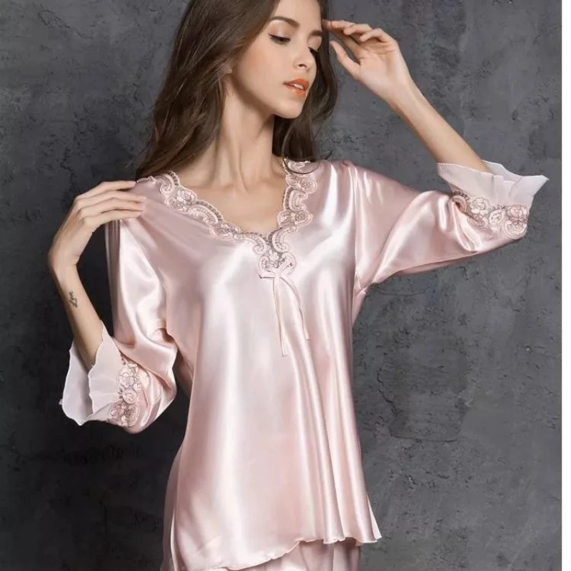 얼음 실크 카와이 옷 여성 잠옷 섹시한 빅 사이즈 잠옷 세트 레이스 Loungewear 세트 한국 패션 느슨한 봄 가을 잠옷