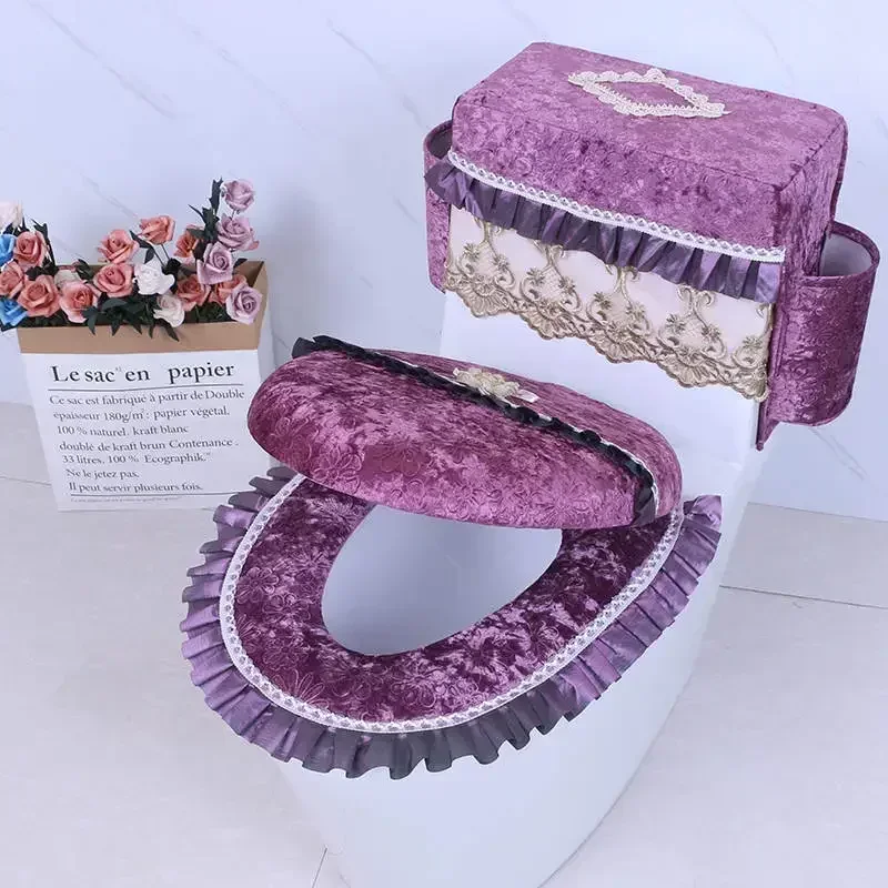 Toilet Seat Cushion Three Piece Storage Toilet Cover Seat Cushion for Household Use Gold Diamond Velvet