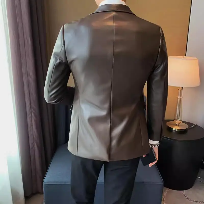 Men's Leather Jacket 2024 Autumn Highend Fashion Solid Slim Fit Business Blazers Coats Korean Casual PU Leather Suit Tuxedo 5
