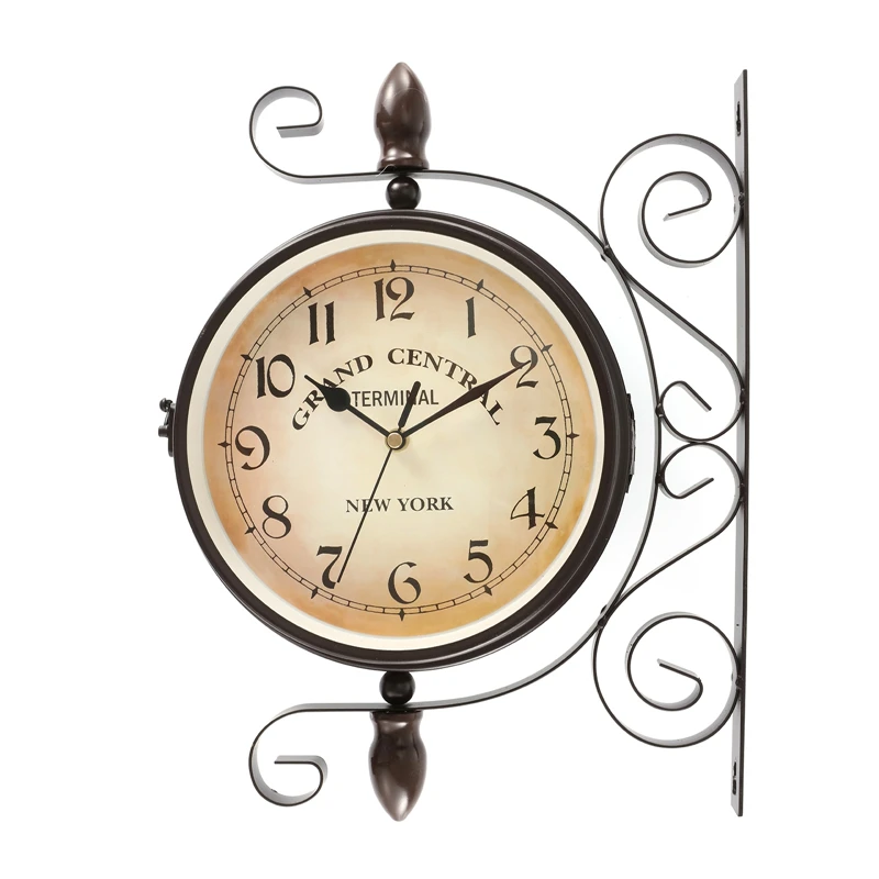 European Antique Round Wall Clock Vintage Double Sided Faces Wrought