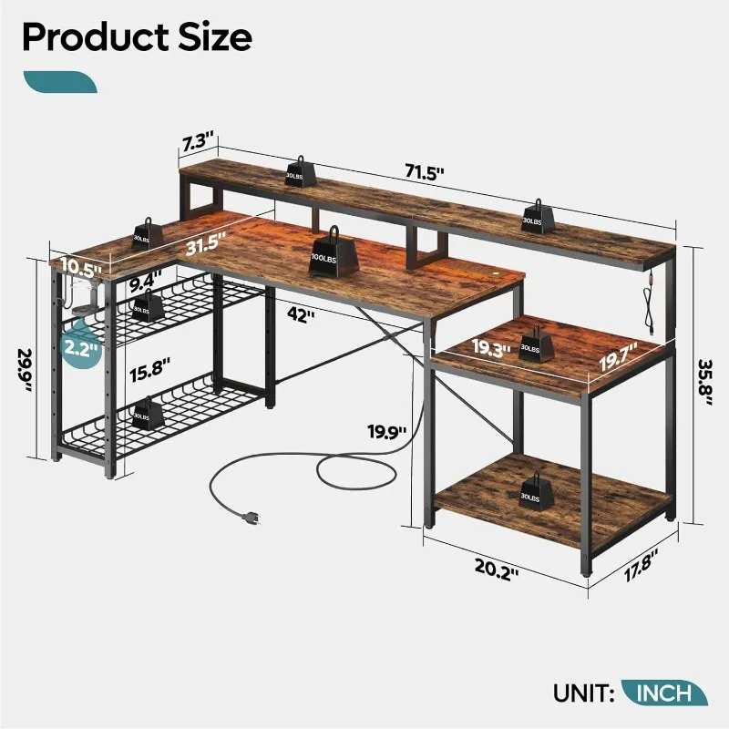 71.5 Inch Computer Desk with Power Outlets, L Shaped LED Home Office Desk with Long Monitor Stand, Large Corner Desk habotest ht66 mini gas detector household handheld combustible gas detecting gauge with long probe gas leak monitor tester ppm meter methane concentration alarm instrument