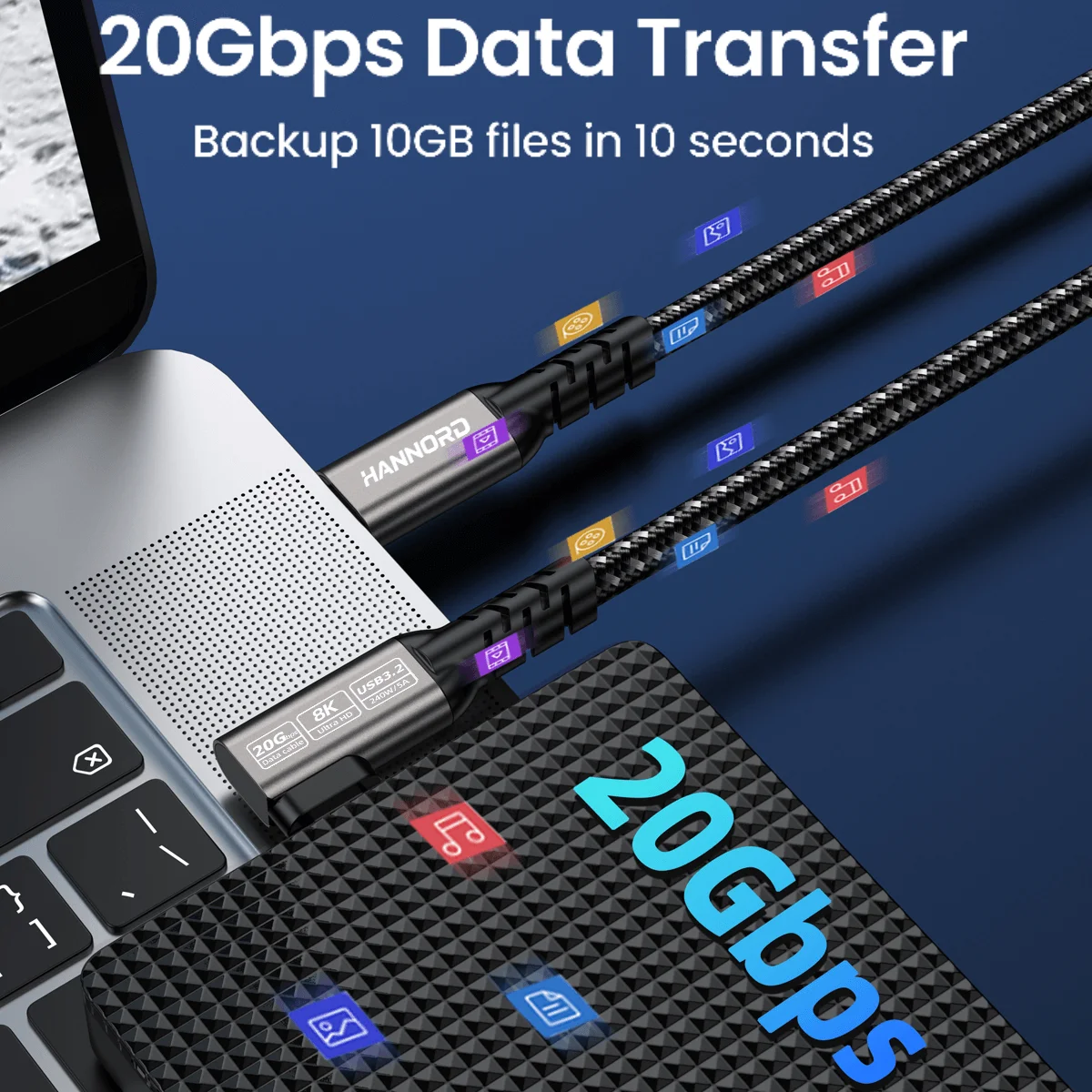 Hannord USB C 3.2 Gen 2 유형 C 케이블 20Gbps 8K@60HZ 비디오 VR 데이터 케이블 5A 240W PD 노트북 Macbook Pro iPad용 고속 충전