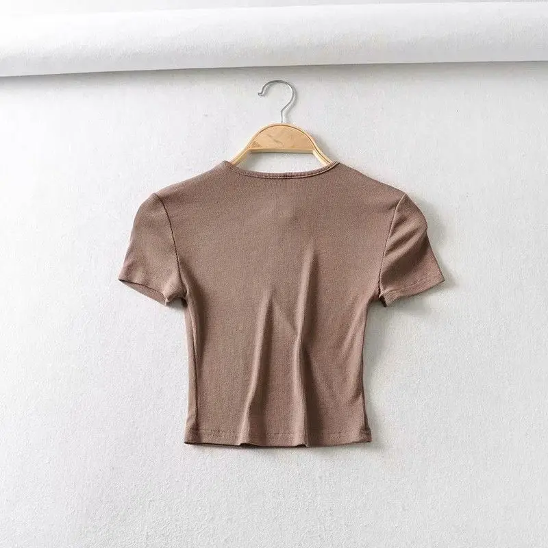 Moda Casual 2023 Estate Donna Slim Fit t-shirt attillata in cotone a maniche corte O-Collo tee Crop Tops688_voghion.com