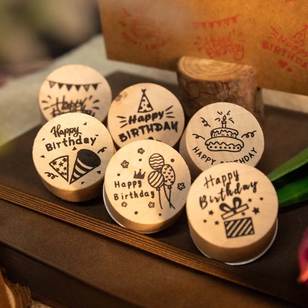6Pcs 어린이를위한 안전한 프리미엄 나무 스탬프 DIY 아트 공예 스크랩북 저널 일기 장식 빈티지 라운드 인감 생일 축하합니다