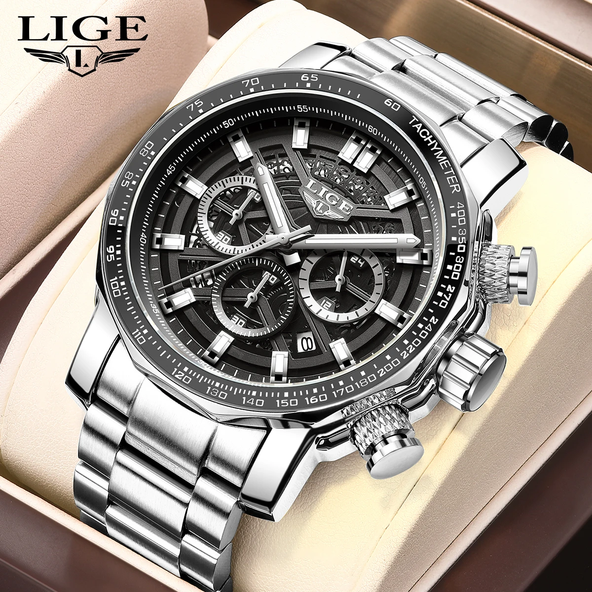 LIGE Luxury Men's Sport Chronograph Watch - Full Steel Quartz, Waterproof, Large Dial