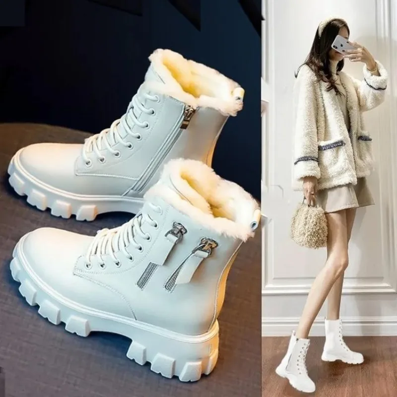 Snow Boots Women Winter 2023 New Plush Velvet Woman Shoes Warm Ankle Boots Thick Cotton Shoes Furry Black Women PU Leather Boots