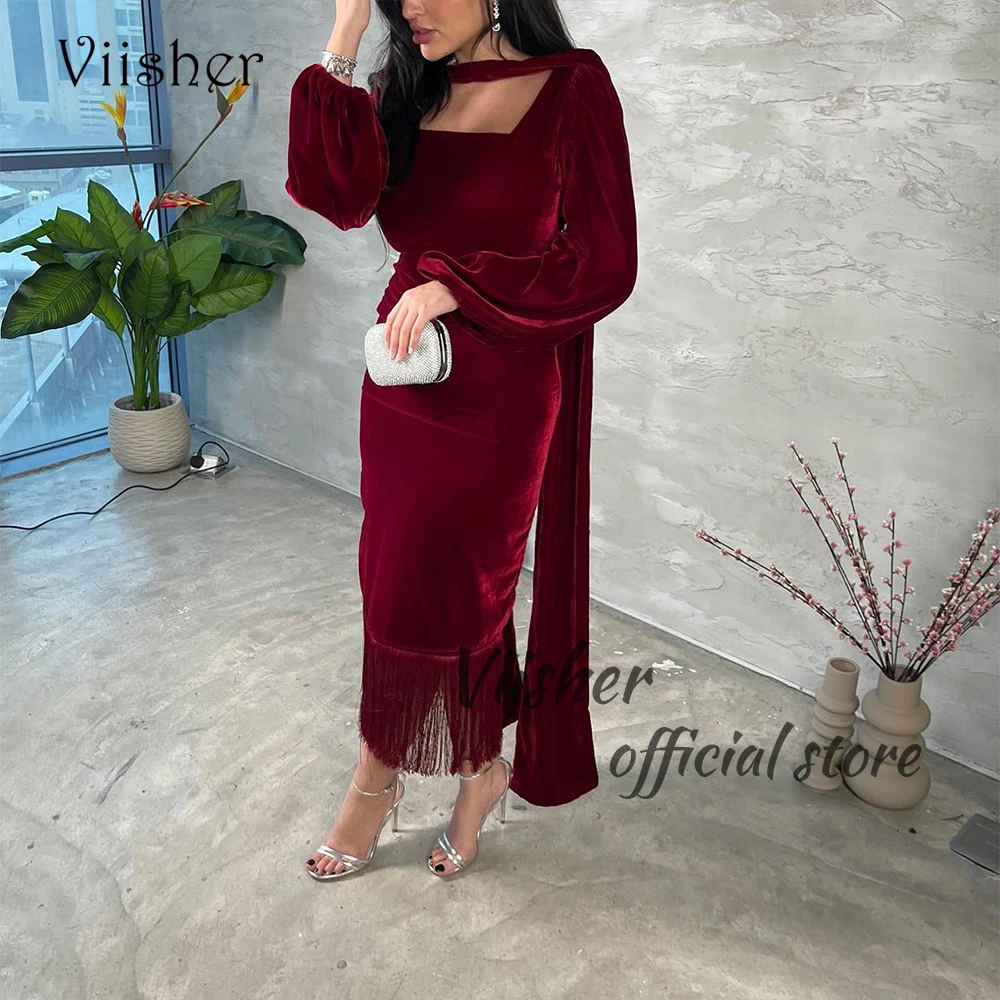 

Burgundy Velvet Mermaid Evening Dresses Long Sleeve Square Neck Prom Party Dress Ankle Length Formal Occasion Gowns Backless