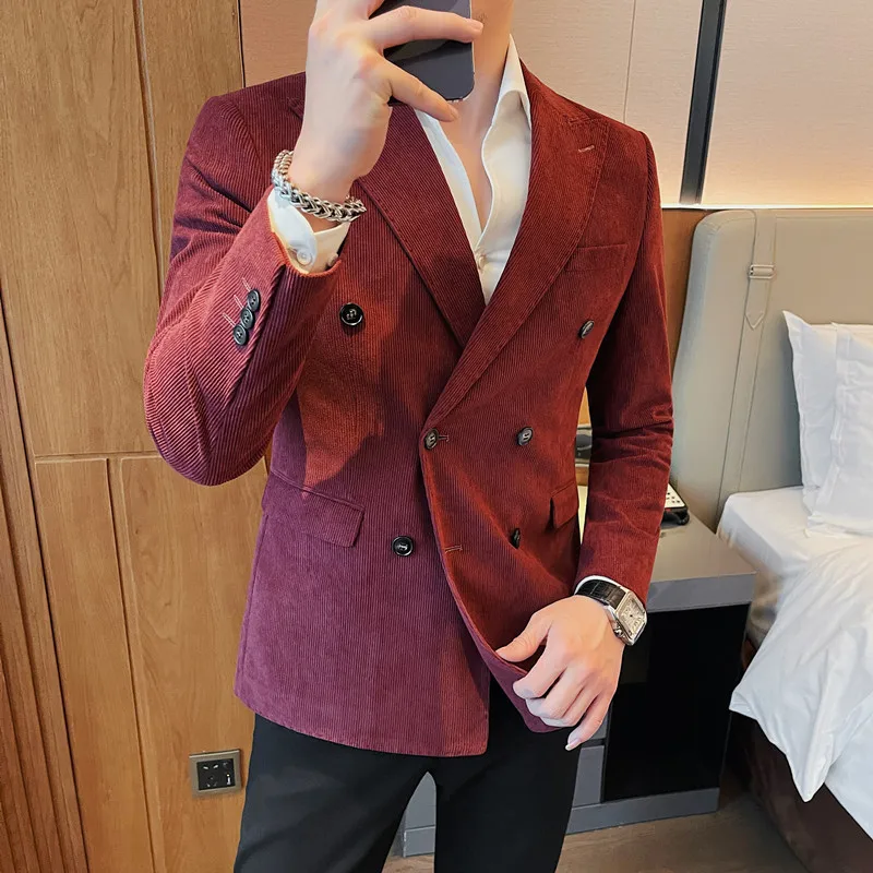 

Men's Double-breasted Corduroy Suit Jacket High Quality Leisure for Men Office Dress Blazers Slim Fit Formal Wedding Party Suit
