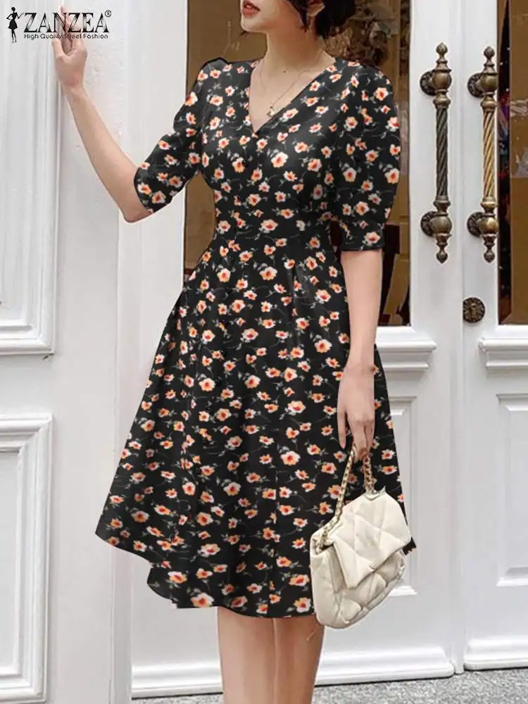 

ZANZEA Women V Neck Party Sundress Floral Print Long Dress Sweety Half Sleeve Elegant Waisted Summer Pleated Casual Midi Dresses
