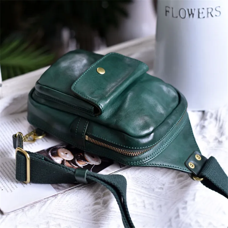 Retro fashion high quality natural genuine leather ladies and men's small chest bag outdoor daily weekend shoulder crossbody bag