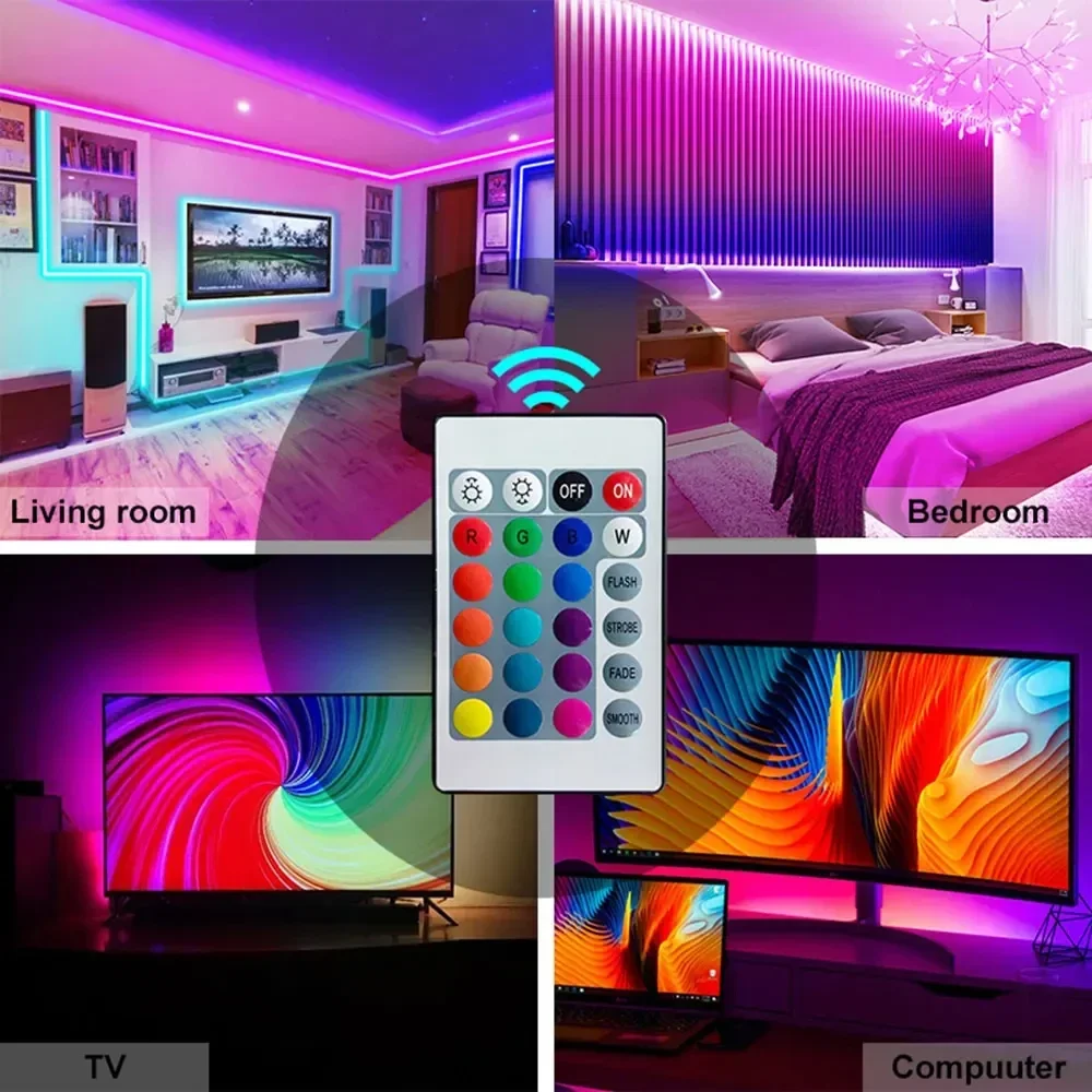 1-30M USB 5V LED Strip Lights With Bluetooth 24Keys Remote Control RGB Flexible Lamp Tape For Room Decoration TV Backlight Diode