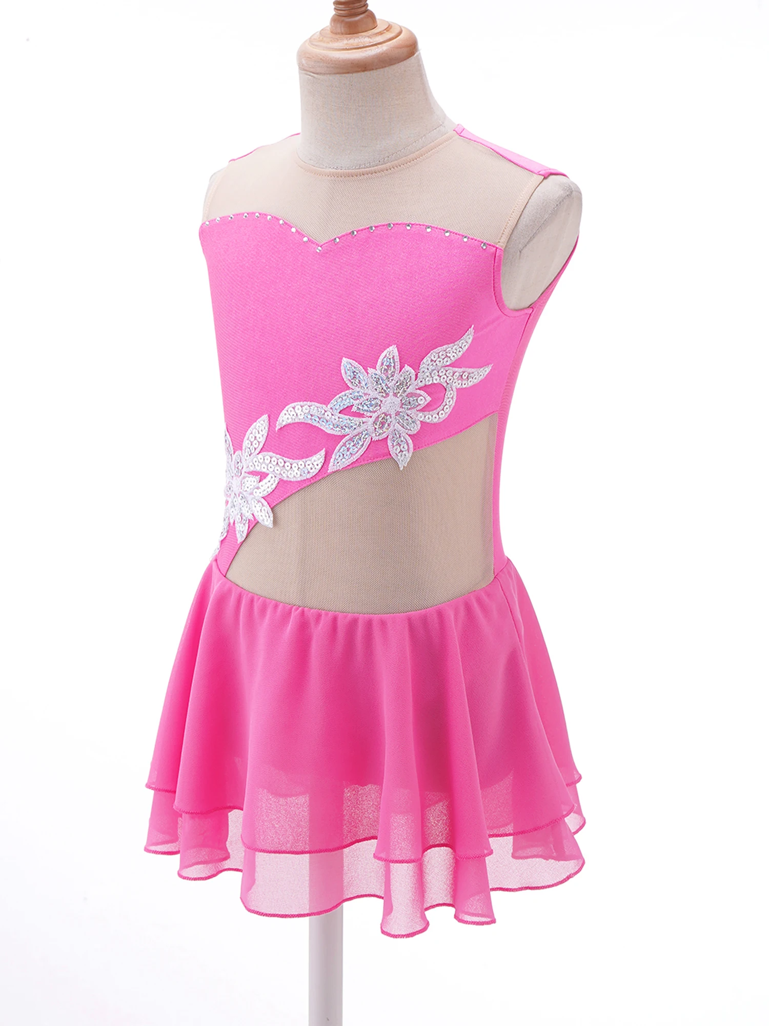 Kids Gymnastics Leotard for Girls Sleeveless Patchwork Shiny Floral Roller Ice Figure Skating Dress Ballet Clothes Dance Wear