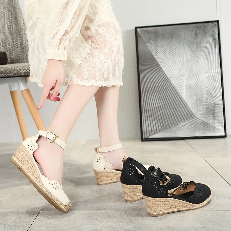 Alpargatas de cuña para mujer, sandalias con hueca, zapatos individuales de moda para mujer, tacones altos puntiagudos, paja de fondo grueso 2023|Sandalias mujer| - AliExpress