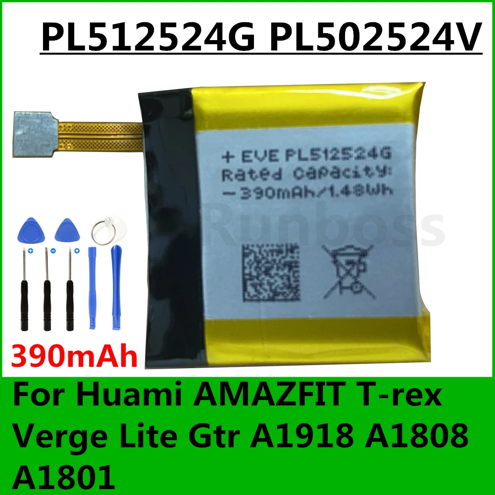 Bateria Original para Huami Amazfit T-rex Pro Verge Lite Gtr A1918 A1808 A1801 Baterias de Relógio Inteligente 390mah Pl512524g Pl502524v
